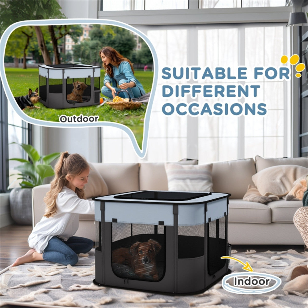 Pawffin Foldable Pet Playpen — Grey & Black