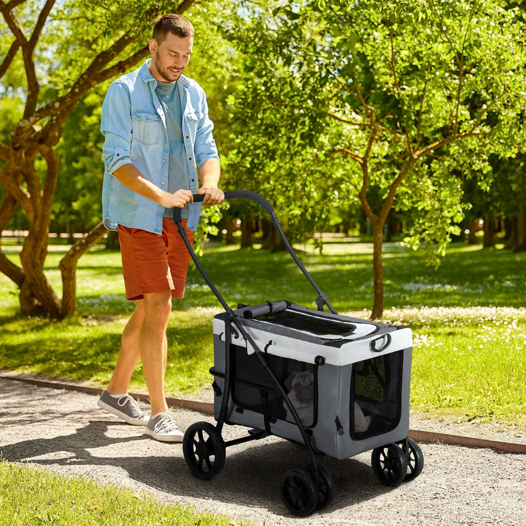 Pawffin Foldable Pet Stroller w/ Detachable Carrier, Soft Padding - Grey