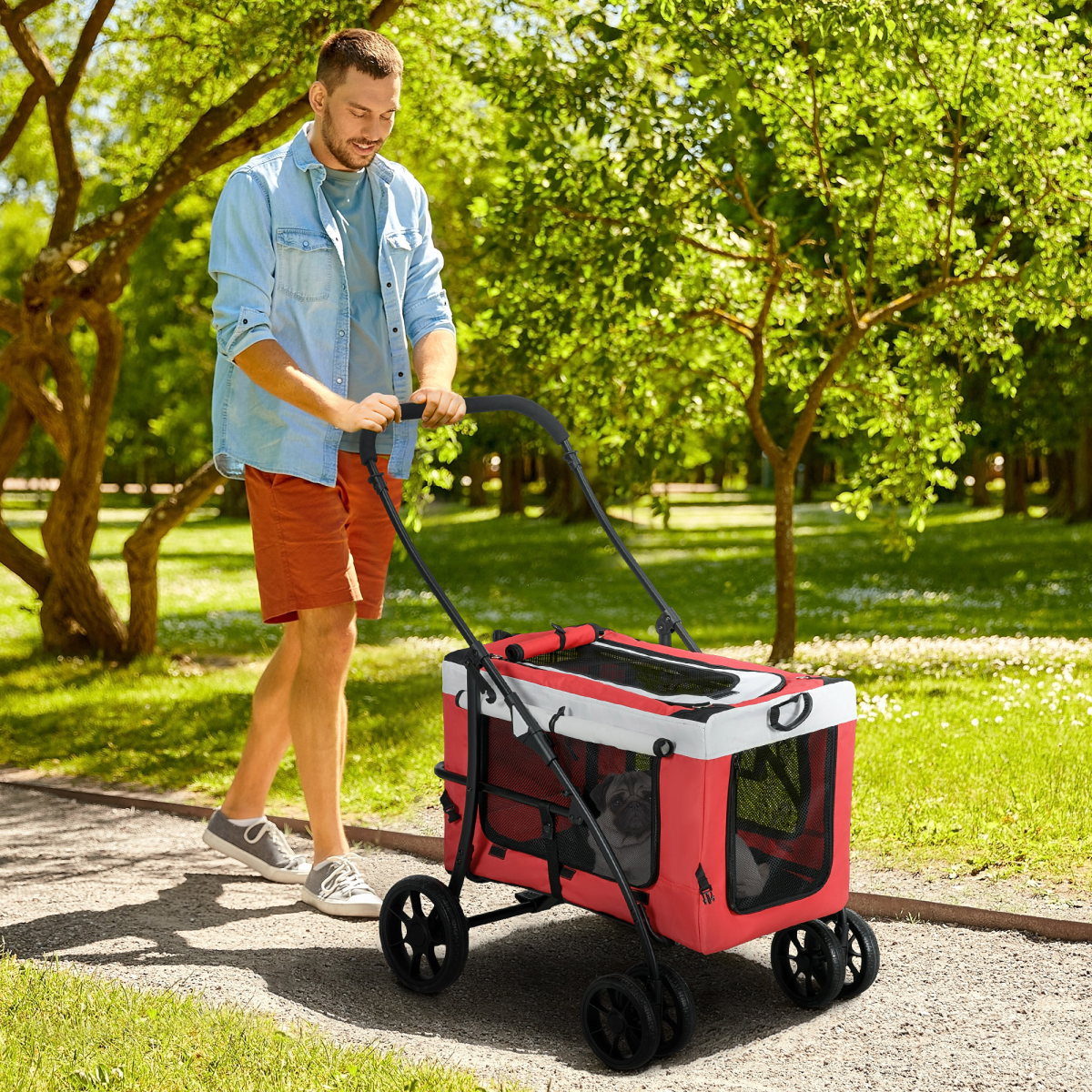 Pawffin Foldable Pet Stroller w/ Detachable Carrier, Soft Padding - Red