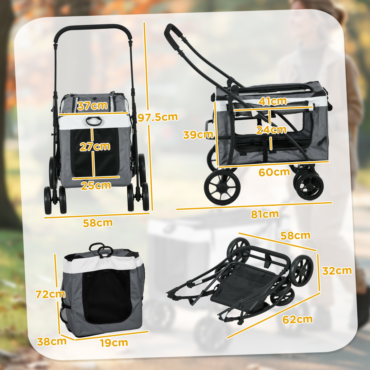 Pawffin Foldable Pet Stroller w/ Detachable Carrier, Soft Padding - Grey