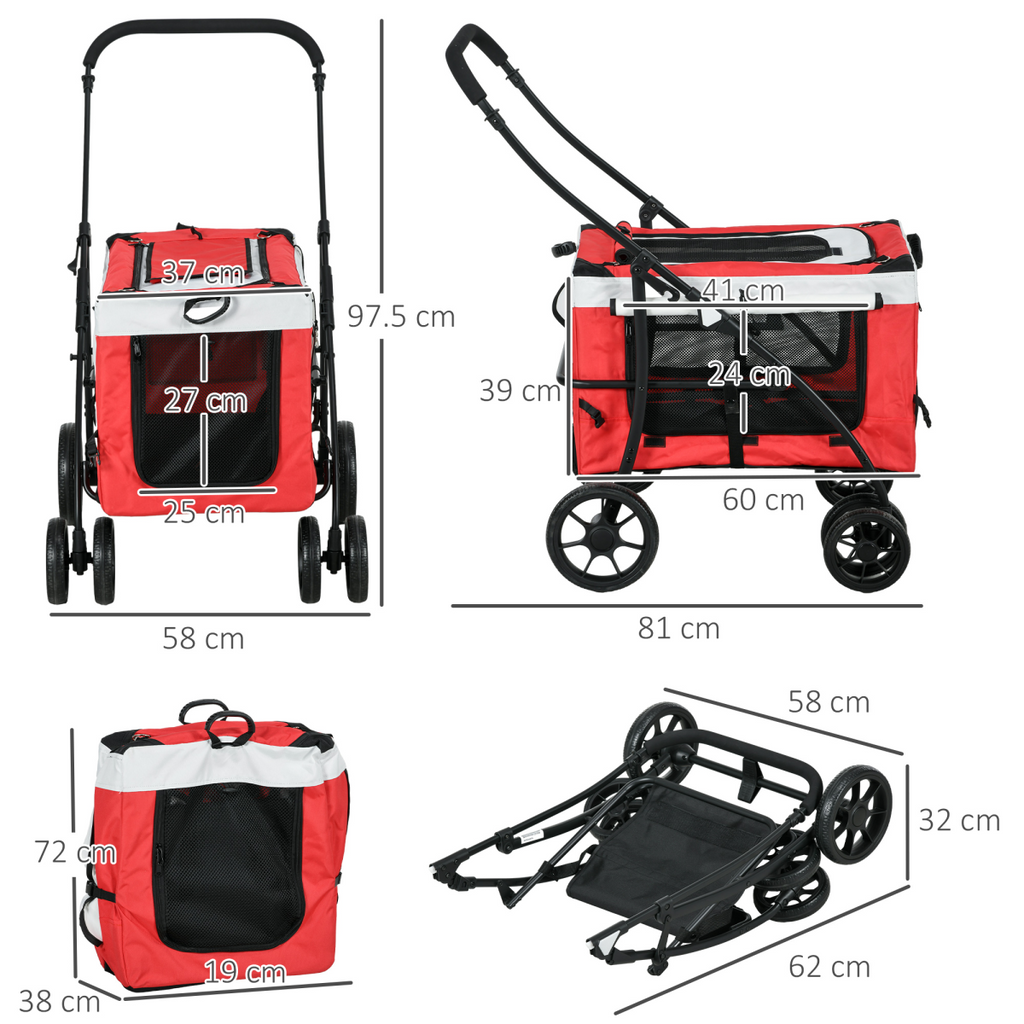 Pawffin Foldable Pet Stroller w/ Detachable Carrier, Soft Padding - Red
