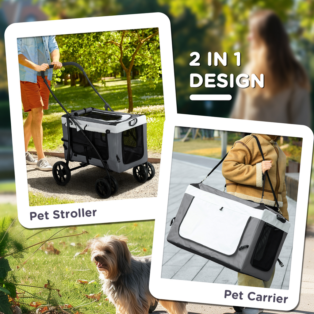 Pawffin Foldable Pet Stroller w/ Detachable Carrier, Soft Padding - Grey
