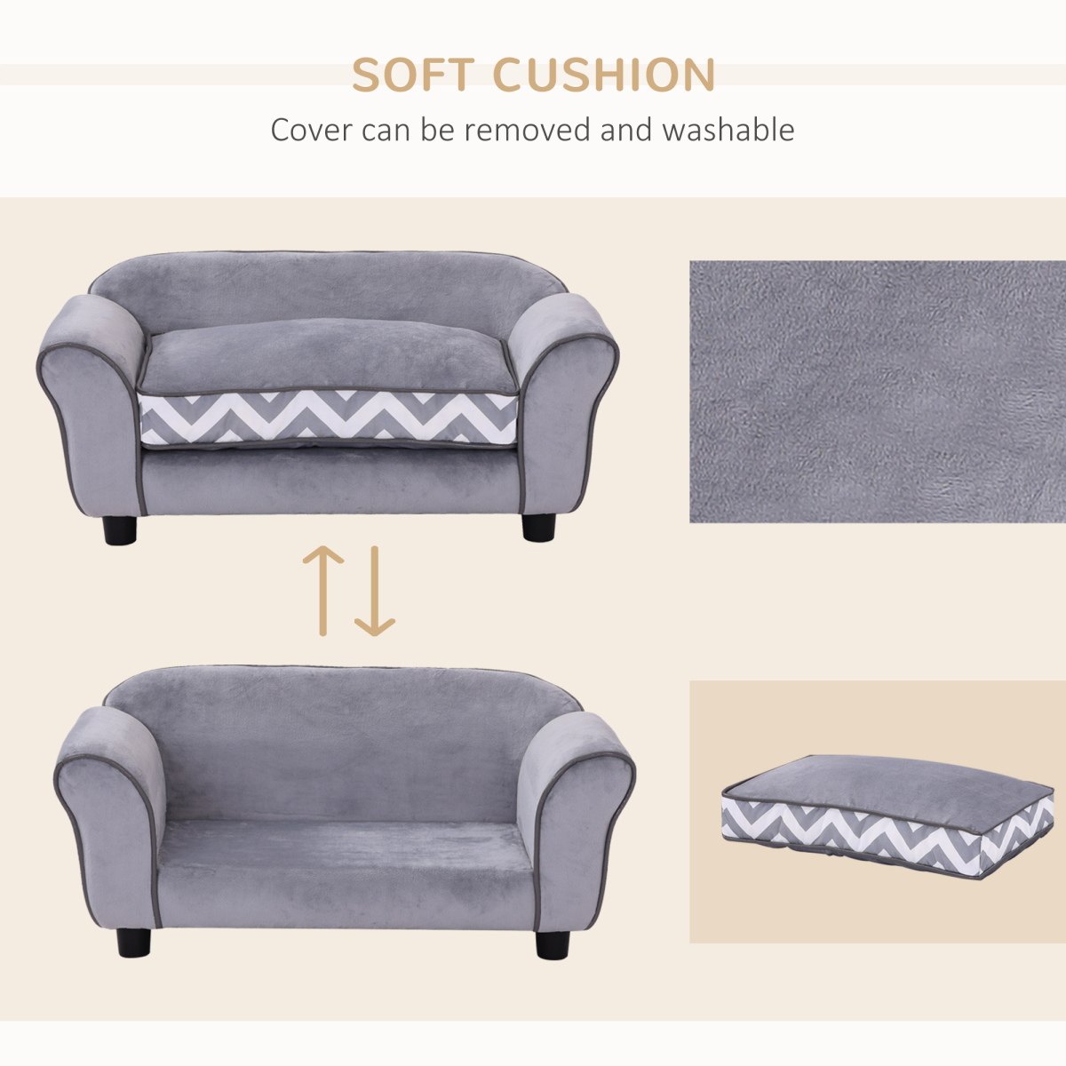 Pawffin Dog Sofa Cat Couch Bed for XS Dogs w/ Removable Sponge Cushion - Grey