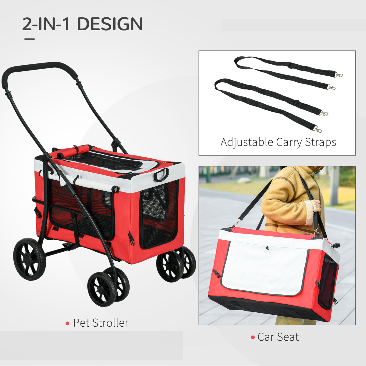 Pawffin Foldable Pet Stroller w/ Detachable Carrier, Soft Padding - Red