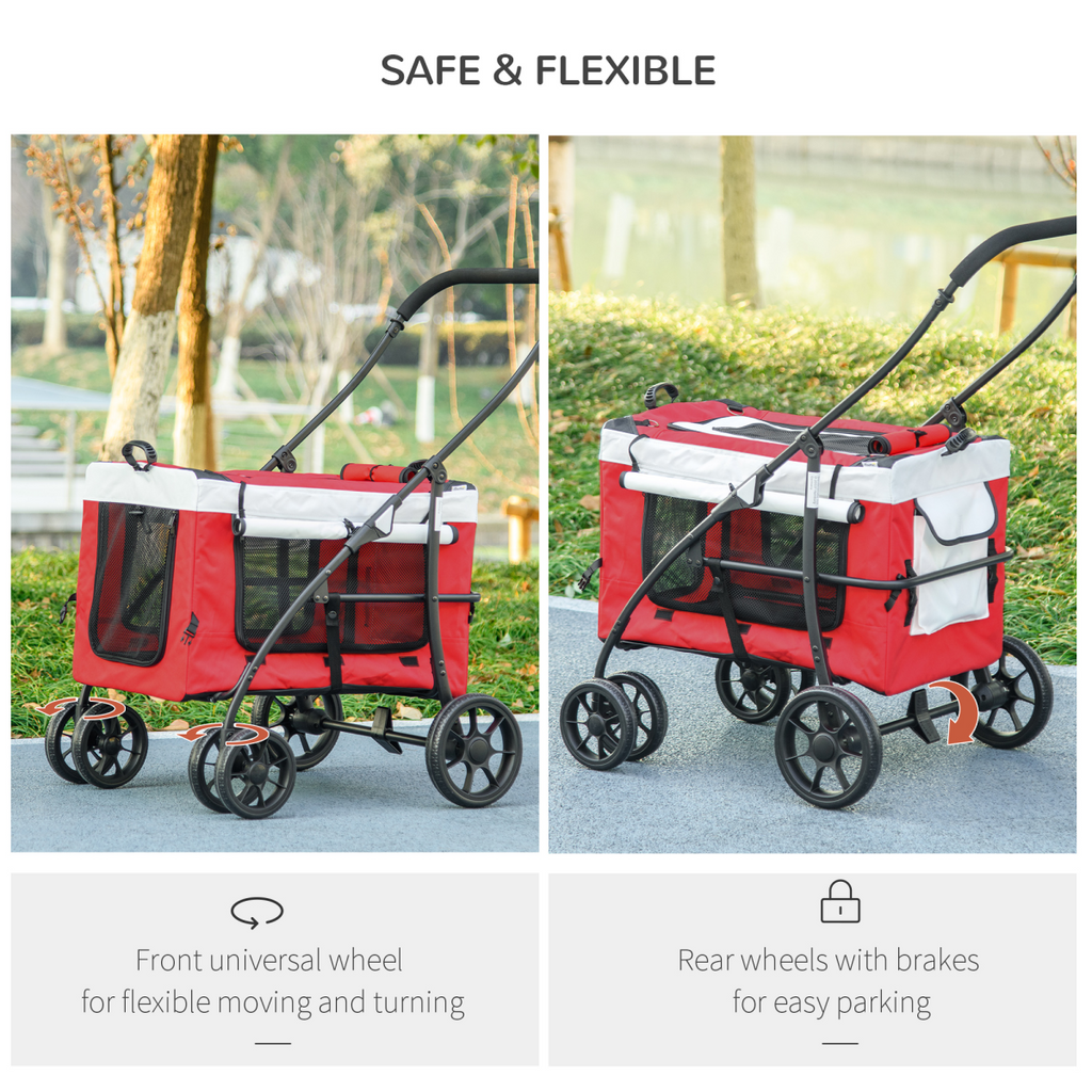 Pawffin Foldable Pet Stroller w/ Detachable Carrier, Soft Padding - Red