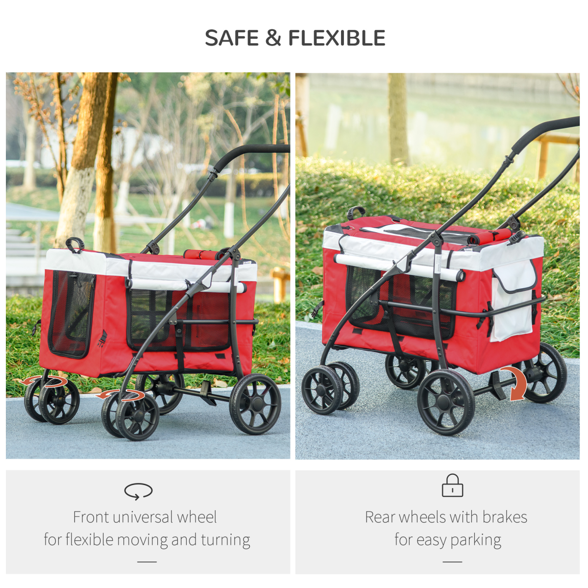 Pawffin Foldable Pet Stroller w/ Detachable Carrier, Soft Padding - Red