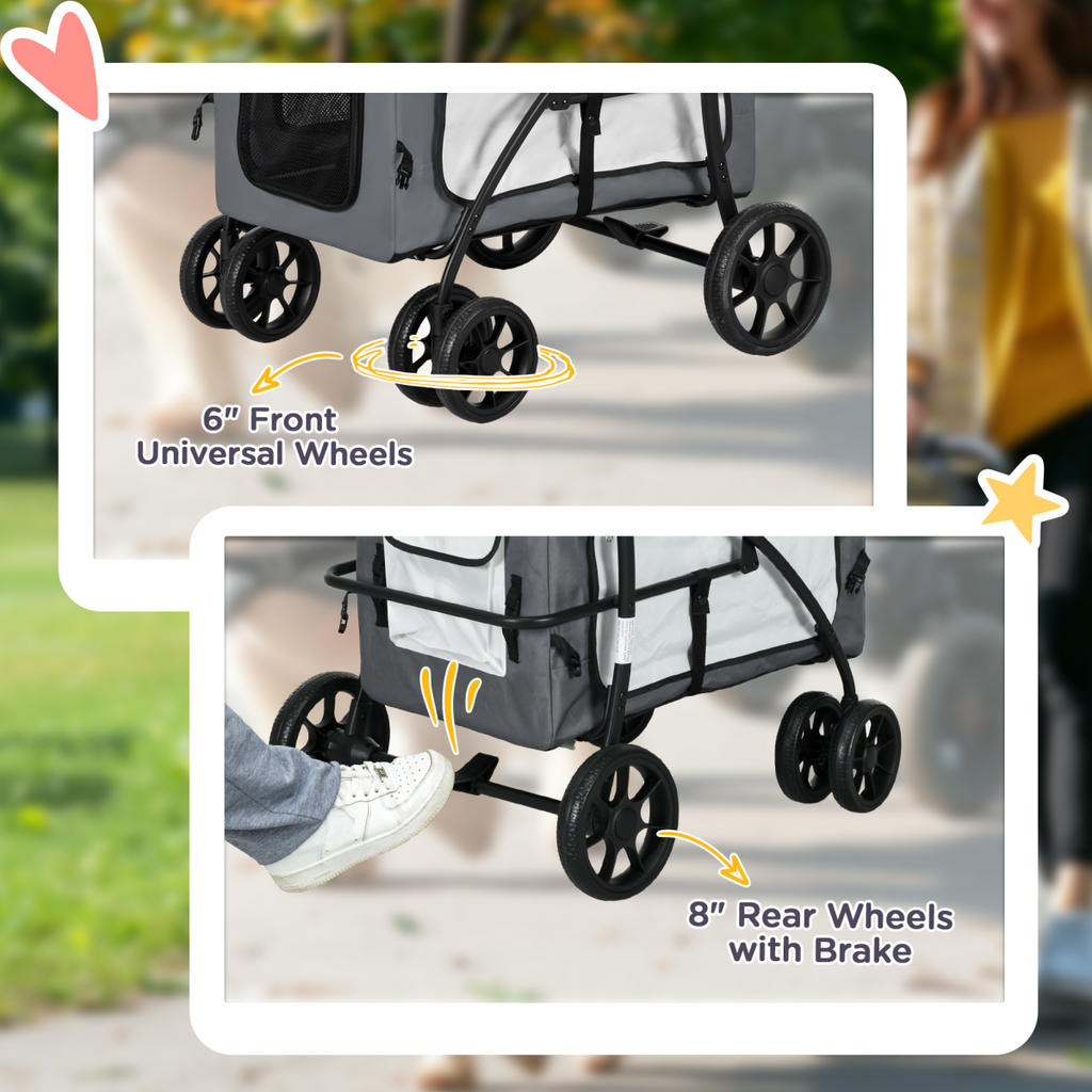 Pawffin Foldable Pet Stroller w/ Detachable Carrier, Soft Padding - Grey