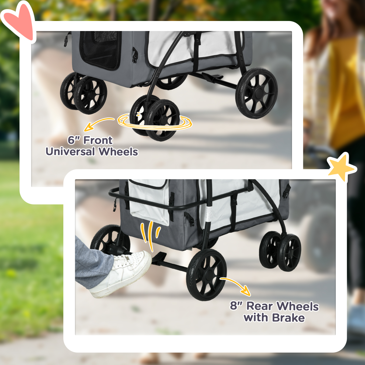 Pawffin Foldable Pet Stroller w/ Detachable Carrier, Soft Padding - Grey