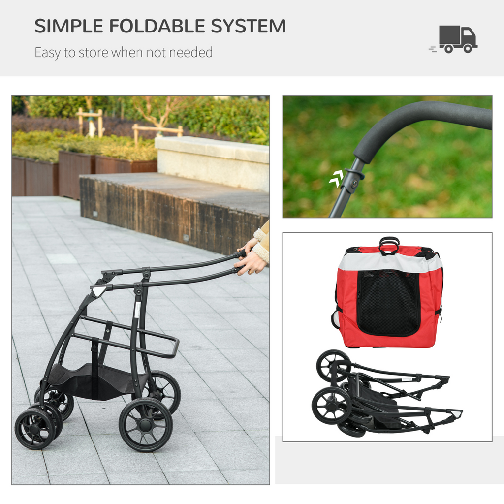 Pawffin Foldable Pet Stroller w/ Detachable Carrier, Soft Padding - Red