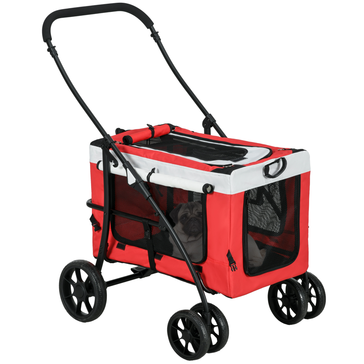 Pawffin Foldable Pet Stroller w/ Detachable Carrier, Soft Padding - Red